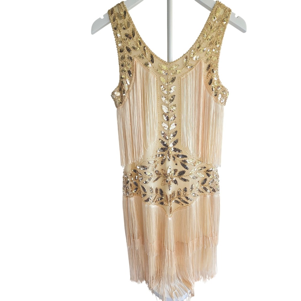 Gold Sequin Flapper Dress Tassel Fringe 1920s Jazz Partywear Stage Dance Small